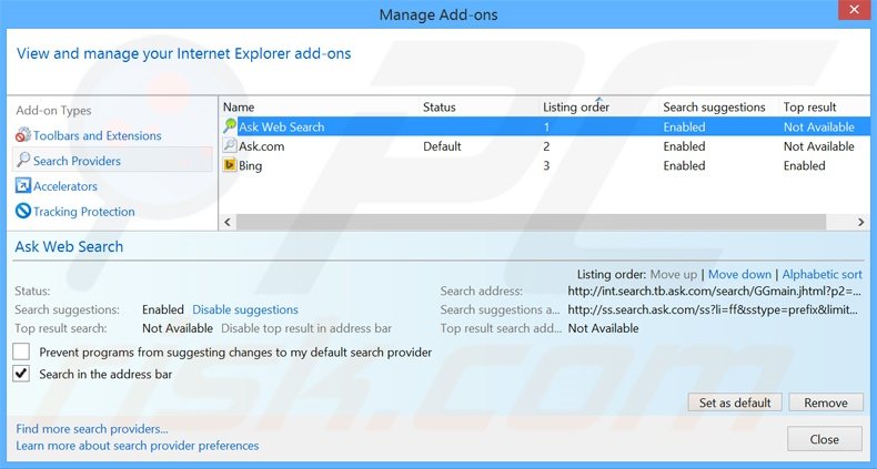 Removing home.tb.ask.com from Internet Explorer default search engine