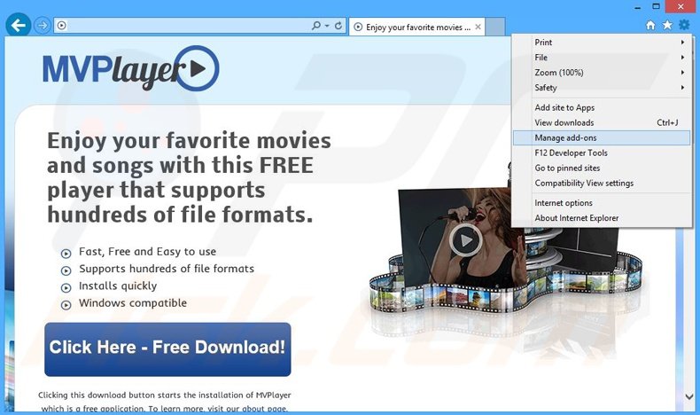 Removing MVPlayer ads from Internet Explorer step 1