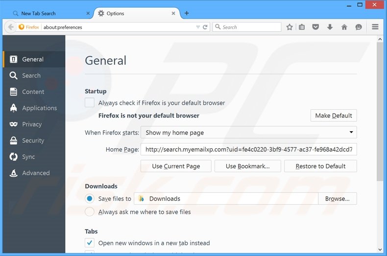 Removing search.myemailxp.com from Mozilla Firefox homepage