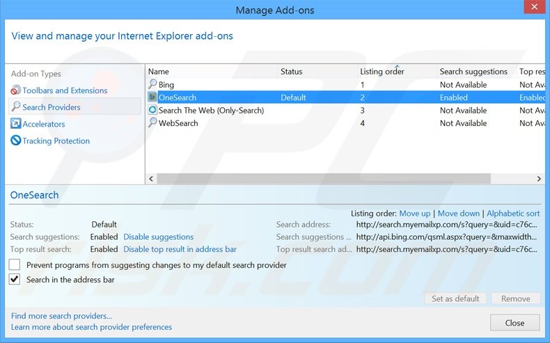 Removing search.myemailxp.com from Internet Explorer default search engine