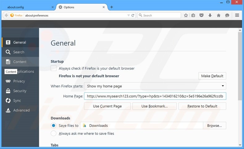 Removing mysearch123.com from Mozilla Firefox homepage