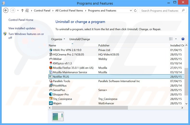 Notifier PLUS adware uninstall via Control Panel