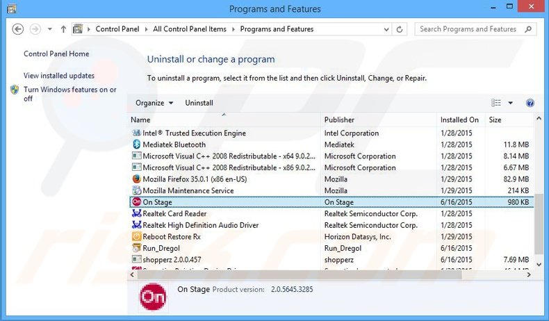 On Stage adware uninstall via Control Panel
