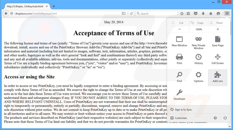 Removing PrintOnKey ads from Mozilla Firefox step 1