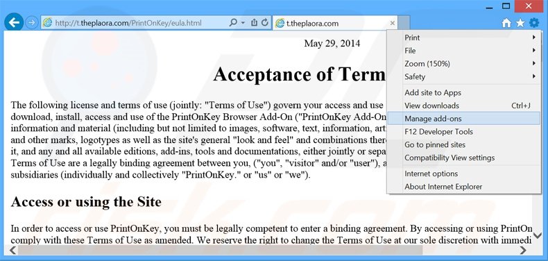 Removing PrintOnKey ads from Internet Explorer step 1