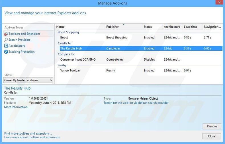 Removing The Results Hub ads from Internet Explorer step 2