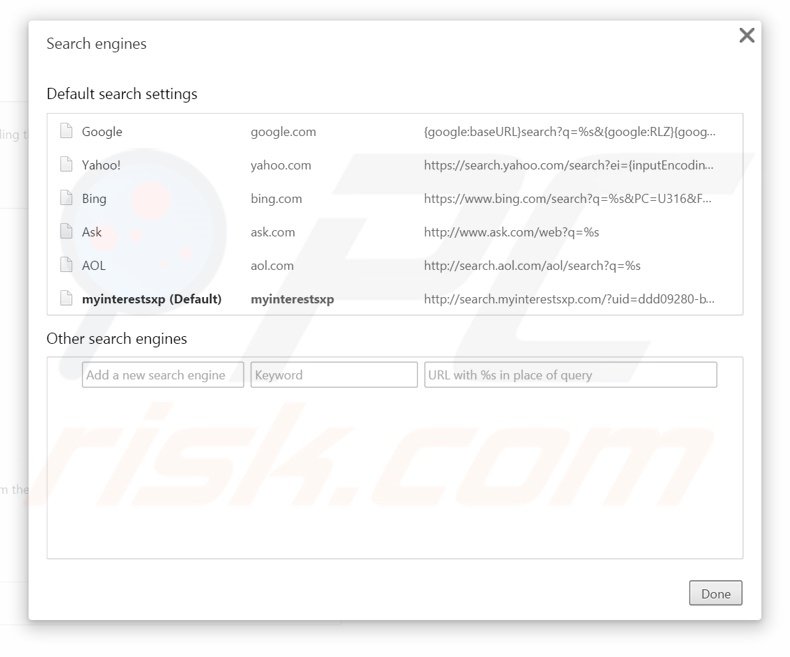 Removing search.myinterestsxp.com from Google Chrome default search engine