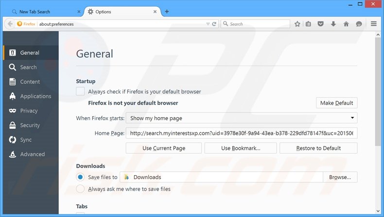 Removing search.myinterestsxp.com from Mozilla Firefox homepage