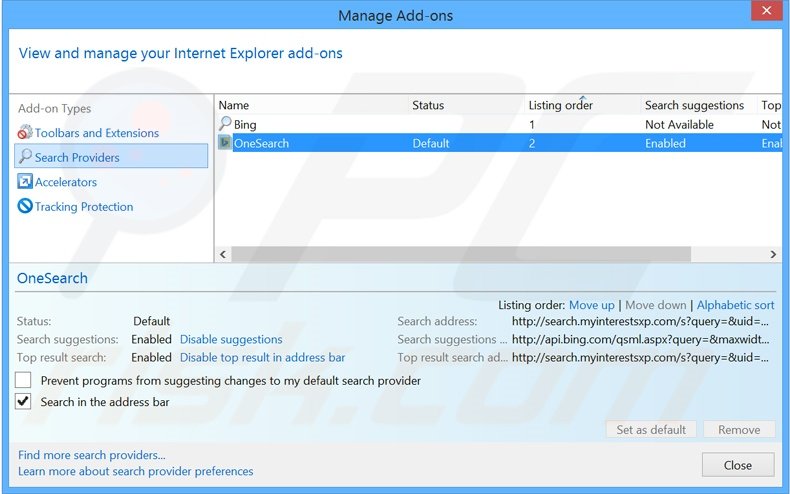 Removing search.myinterestsxp.com from Internet Explorer default search engine