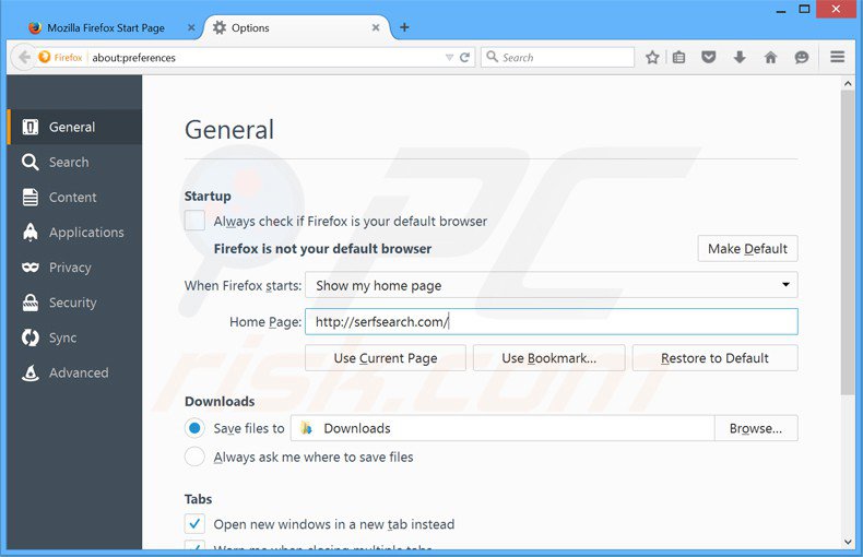 Removing serfsearch.com from Mozilla Firefox homepage