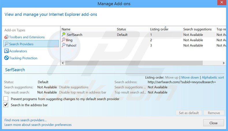 Removing serfsearch.com from Internet Explorer default search engine
