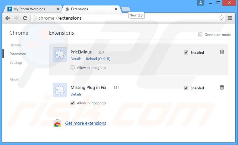 Removing Storm Warnings ads from Google Chrome step 2