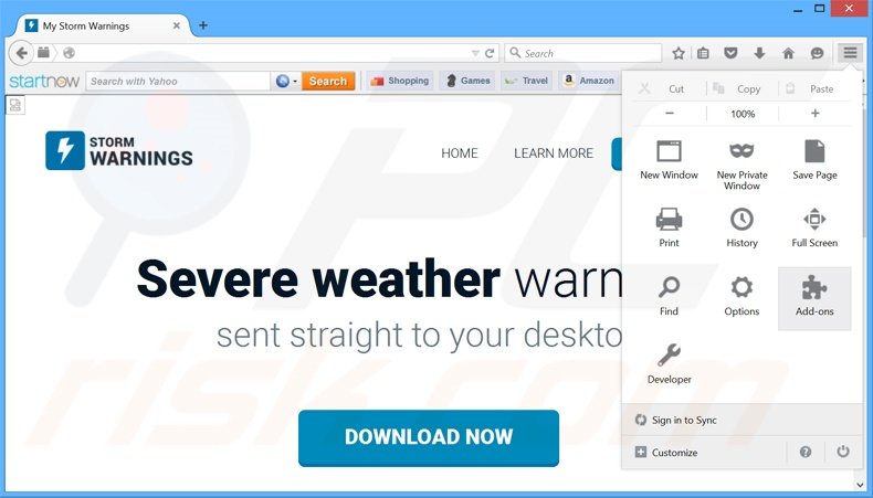 Removing Storm Warnings ads from Mozilla Firefox step 1