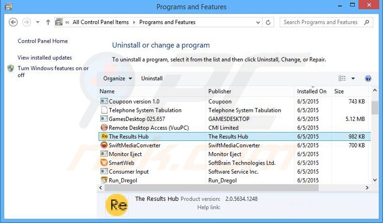 the results hub adware uninstall via Control Panel