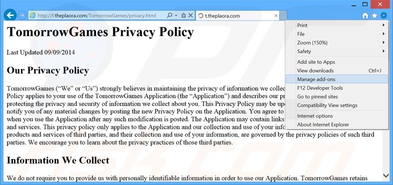 Removing TomorrowGames ads from Internet Explorer step 1