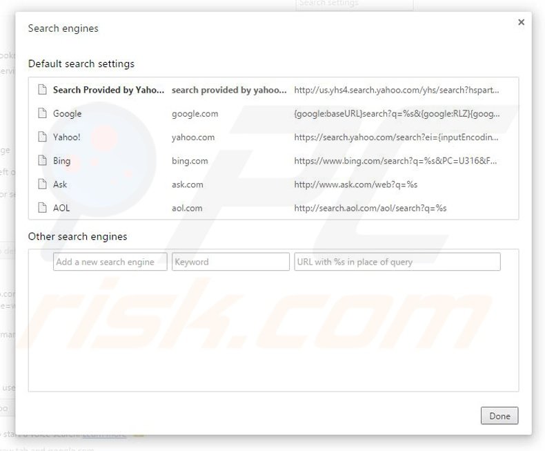 Removing yhs4.search.yahoo.com from Google Chrome default search engine