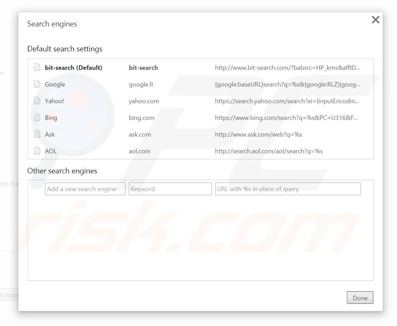 Removing bit-search.com from Google Chrome default search engine