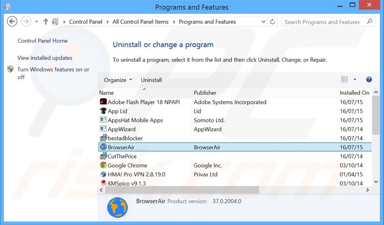 BrowserAir adware uninstall via Control Panel