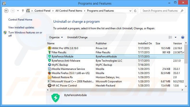 ByteFence browser hijacker uninstall via Control Panel