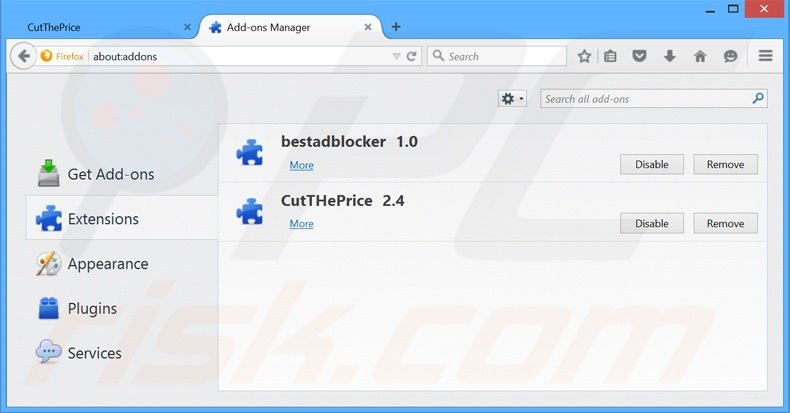 Removing CutThePrice ads from Mozilla Firefox step 2