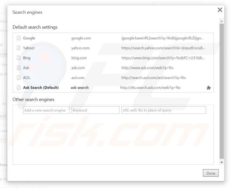 Removing search.ask.com from Google Chrome default search engine