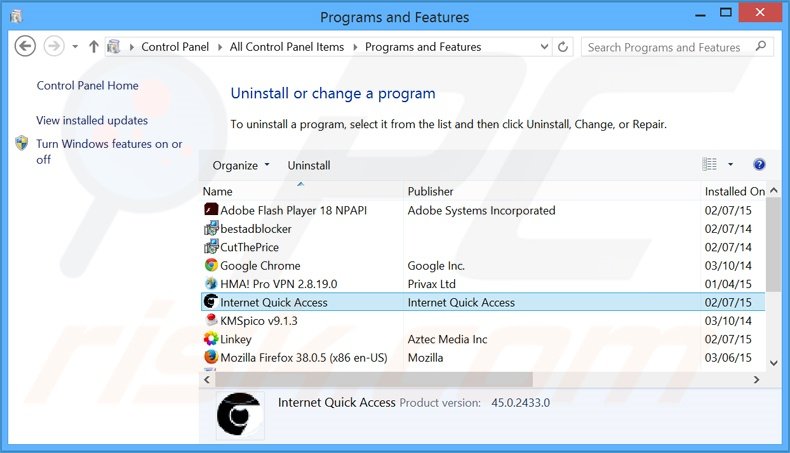 Internet Quick Access adware uninstall via Control Panel