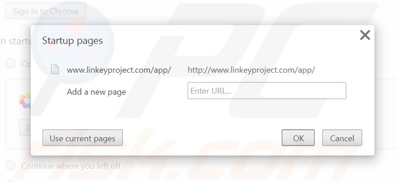 Removing linkeyproject.com from Google Chrome homepage