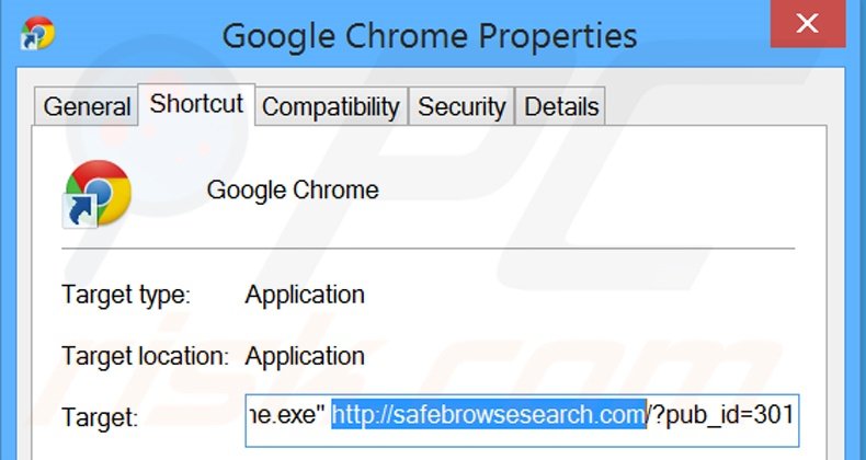 Removing safebrowsesearch.com from Google Chrome shortcut target step 2