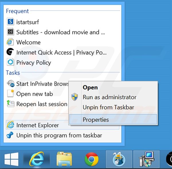 Removing safebrowsesearch.com from Internet Explorer shortcut target step 1