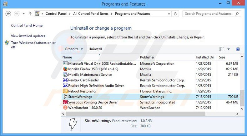 stormwarnings adware uninstall via Control Panel