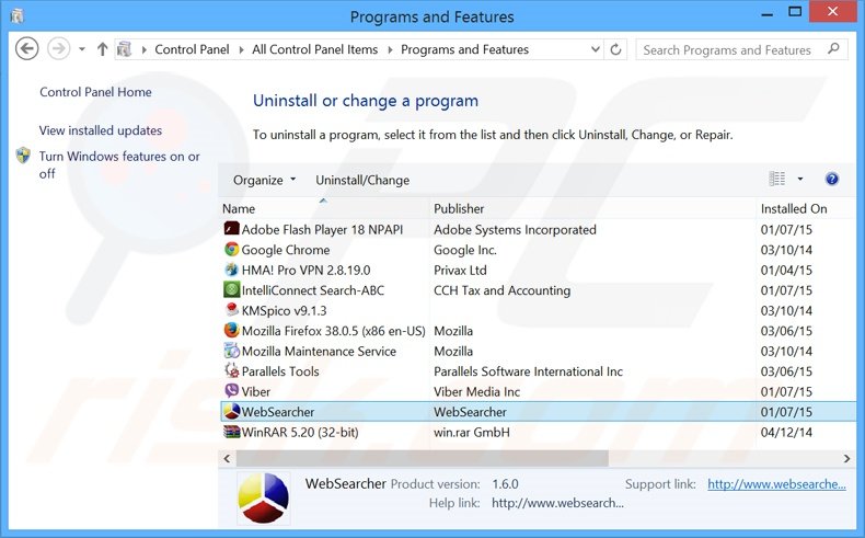 WebSearcher adware uninstall via Control Panel
