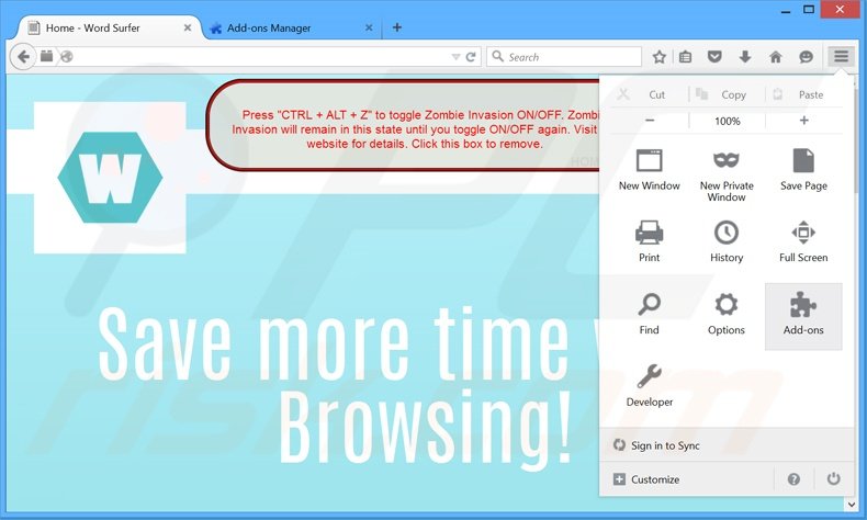 Removing Word Surfer ads from Mozilla Firefox step 1