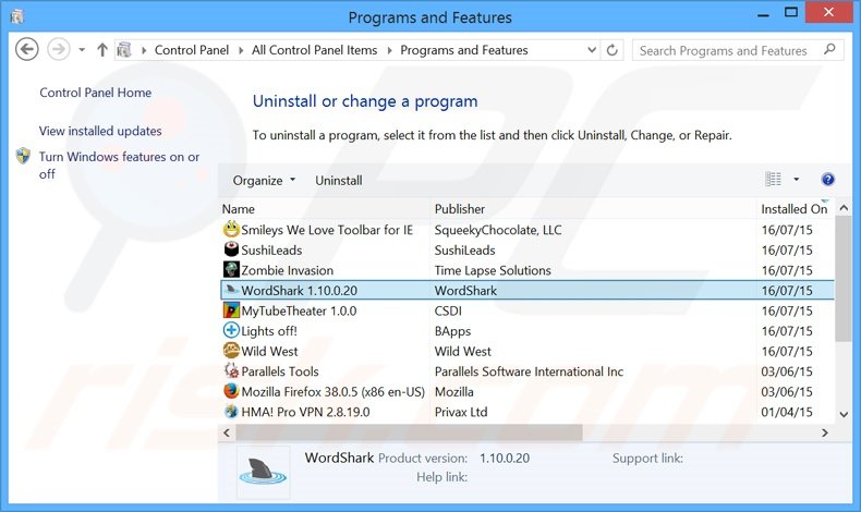 Word Surfer adware uninstall via Control Panel