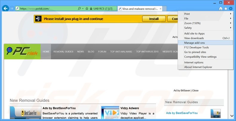 Removing BitSaver ads from Internet Explorer step 1