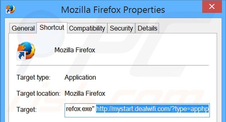 Removing mystart.dealwifi.com from Mozilla Firefox shortcut target step 2