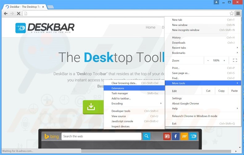 Removing DeskBar  ads from Google Chrome step 1