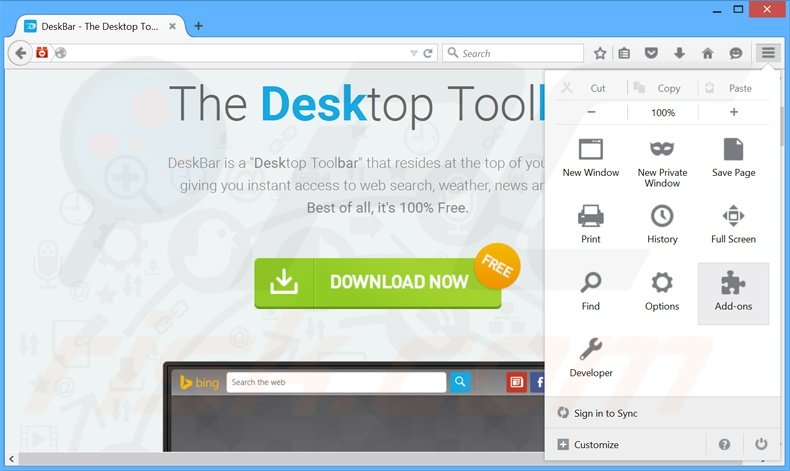 Removing DeskBar ads from Mozilla Firefox step 1