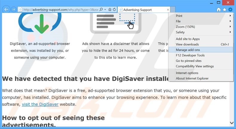 Removing DigiSaver ads from Internet Explorer step 1