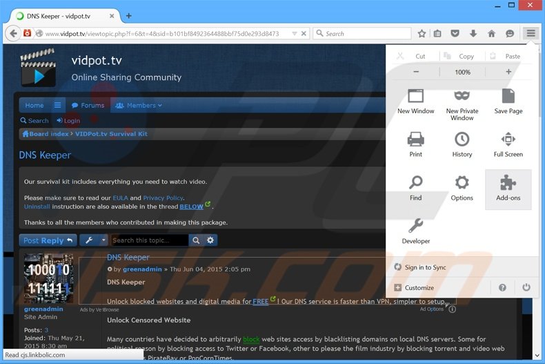 Removing DNS Keeper ads from Mozilla Firefox step 1