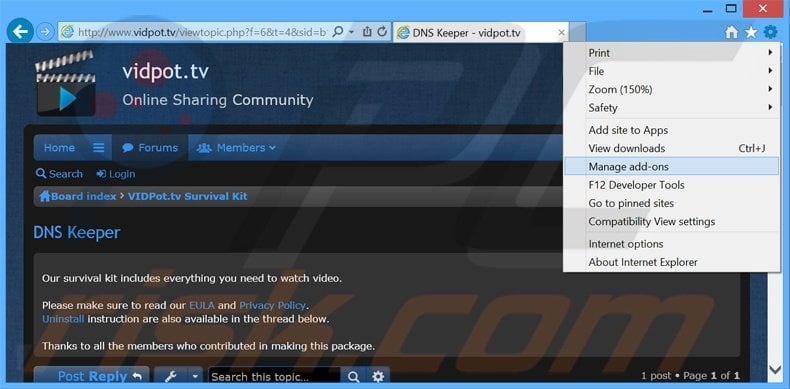 Removing DNS Keeper ads from Internet Explorer step 1