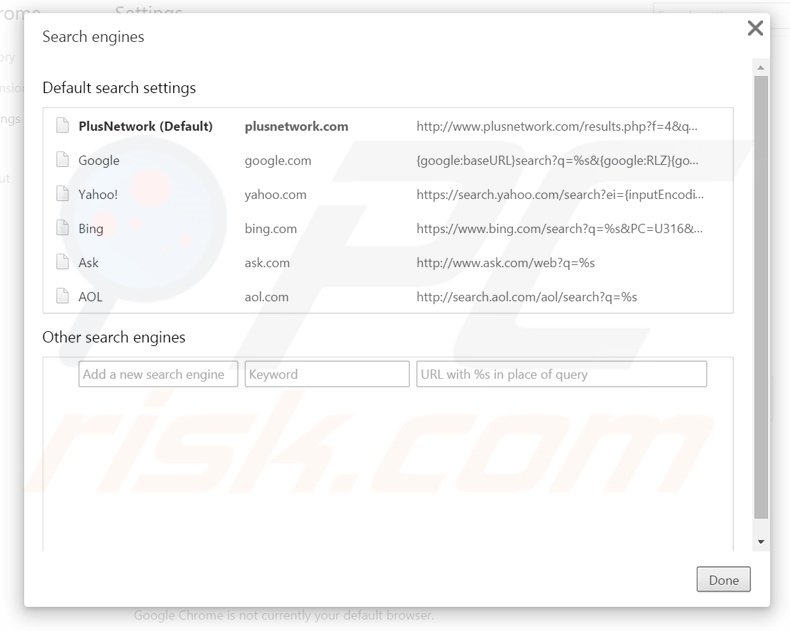 Removing plusnetwork.com from Google Chrome default search engine