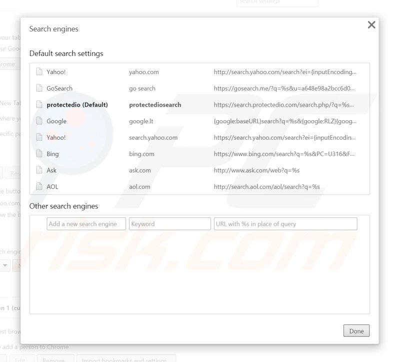 Removing search.protectedio.com from Google Chrome default search engine