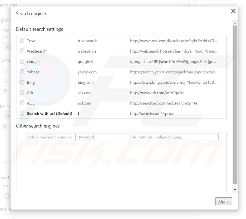 Removing search.com from Google Chrome default search engine