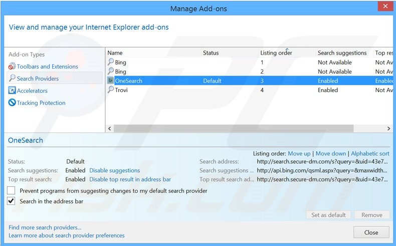 Removing search.secure-dm.com from Internet Explorer default search engine