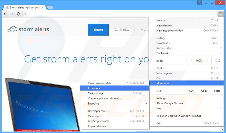 Removing StormAlerts  ads from Google Chrome step 1