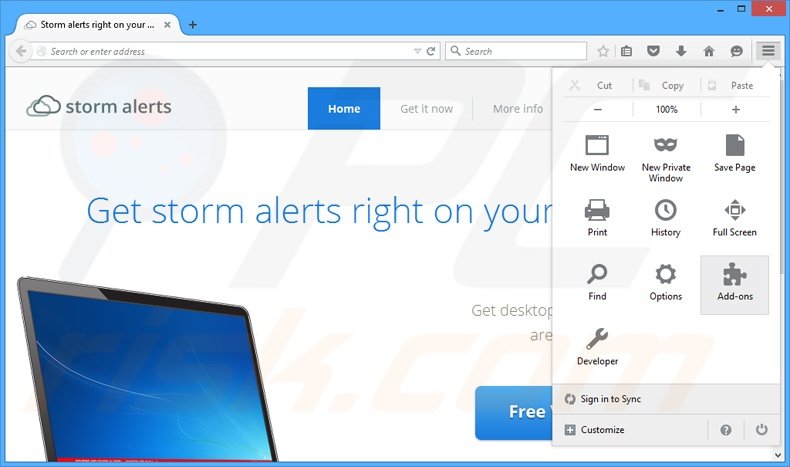 Removing StormAlerts ads from Mozilla Firefox step 1