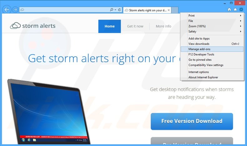 Removing StormAlerts ads from Internet Explorer step 1