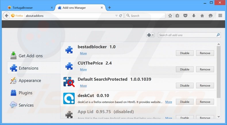 Removing Tortuga ads from Mozilla Firefox step 2