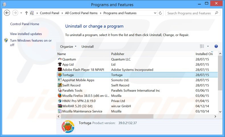 Tortuga adware uninstall via Control Panel