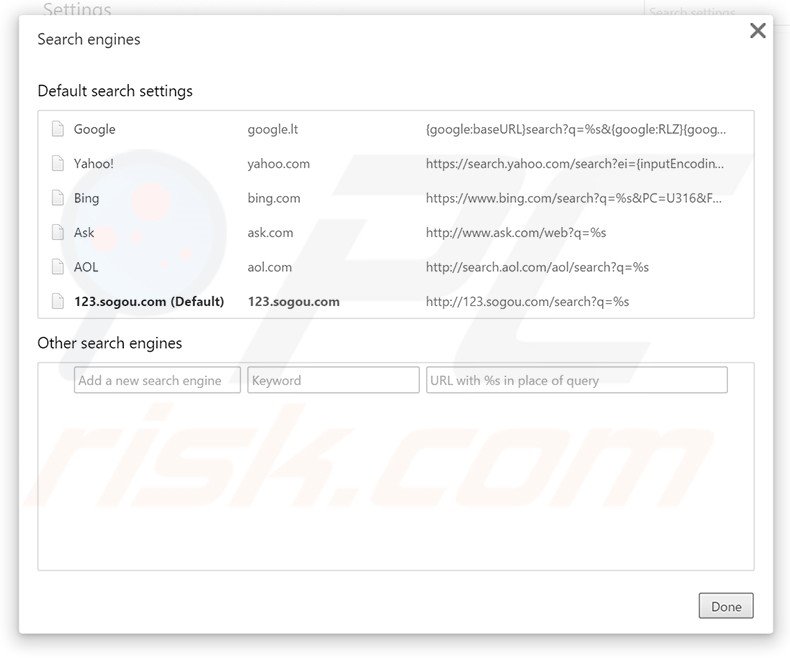 Removing 123.sogou.com from Google Chrome default search engine